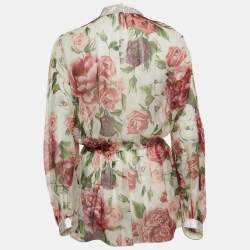 Pre Owned Dolce & Gabbana White Floral Printed Silk Jeweled Blouse L