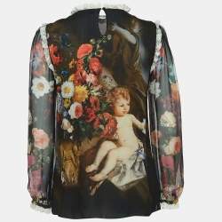 Pre Owned Dolce & Gabbana Black Cherub Printed Silk Blouse S