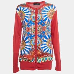 Dolce & Gabbana Red Carretto Print Silk Knit Button Front Cardigan M