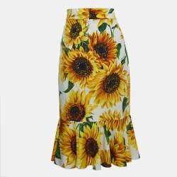 Pre Owned Dolce & Gabbana White/Yellow Sunflower Printed Silk Skirt 2XL