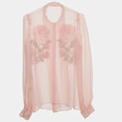 Pre Owned Dolce & Gabbana Pink Silk Floral Appliqued Sheer Blouse M
