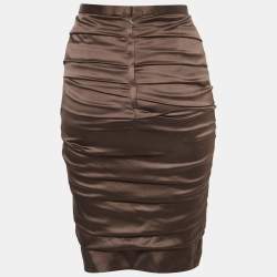Pre Owned Dolce & Gabbana Brown Silk Satin Ruched Midi Skirt M