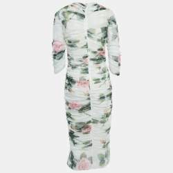 Pre Owned Dolce & Gabbana White Floral Printed Tulle Ruched Midi Dress L
