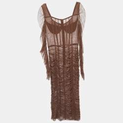 Pre Owned Dolce & Gabbana Brown Tulle Ruched Long Dress L