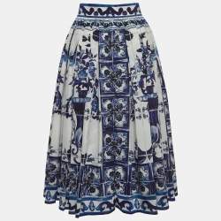 Pre Owned Dolce & Gabbana White/Blue Majolica Print Cotton Poplin Midi Skirt M