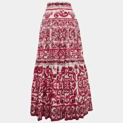 Pre Owned Dolce & Gabbana White/Pink Majolica Print Cotton Poplin Maxi Skirt M