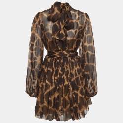 Pre Owned Dolce & Gabbana Brown Animal Print Silk Tie-Up Detail Mini Dress M