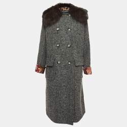 Dolce & Gabbana Grey Wool Blend and Fur Double Breasted Long Coat M