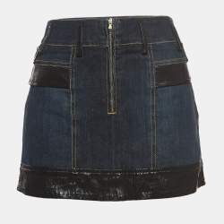 Pre Owned Dolce & Gabbana Blue Denim and Faux Leather Trim Detail Mini Skirt M