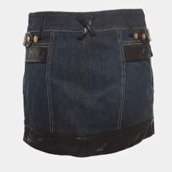 Pre Owned Dolce & Gabbana Blue Denim and Faux Leather Trim Detail Mini Skirt M