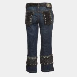 Pre Owned Dolce & Gabbana Blue Denim and Fur Studded Detail Jeans M Waist 34