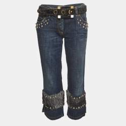 Pre Owned Dolce & Gabbana Blue Denim and Fur Studded Detail Jeans M Waist 34