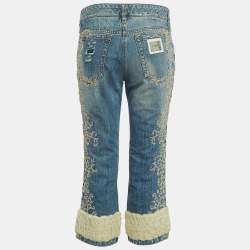 Pre Owned Dolce & Gabbana Blue Embroidered Shearling Trimmed Denim Cropped Jeans M Waist 34''