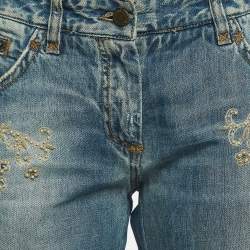 Pre Owned Dolce & Gabbana Blue Embroidered Shearling Trimmed Denim Cropped Jeans M Waist 34''