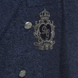 Pre Owned Dolce & Gabbana Navy Blue Logo Embroidered Tweed Double Breasted Coat M