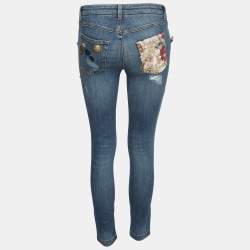 Pre Owned Dolce & Gabbana Blue Distressed Denim Button Embellished Skinny Jeans S Waist 28''