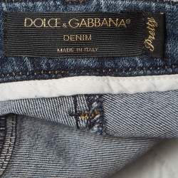 Pre Owned Dolce & Gabbana Blue Distressed Denim Button Embellished Skinny Jeans S Waist 28''