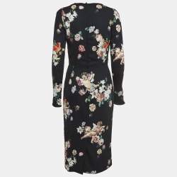 Pre Owned Dolce & Gabbana Dark Blue Floral Print Crepe Fitted Midi Dress M