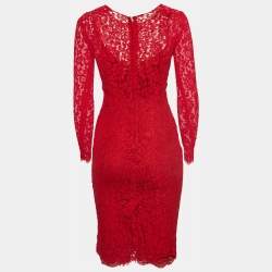 Pre Owned Dolce & Gabbana Red Floral Pattern Lace Long Sleeve Midi Dress XS