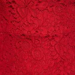 Pre Owned Dolce & Gabbana Red Floral Pattern Lace Long Sleeve Midi Dress XS