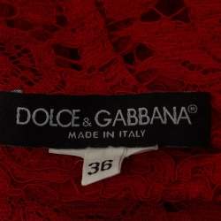 Pre Owned Dolce & Gabbana Red Floral Pattern Lace Long Sleeve Midi Dress XS