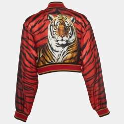 Pre Owned Dolce & Gabbana Red Tiger Print Silk Cropped Bomber Jacket M