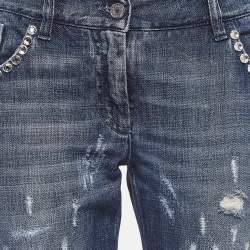 Pre Owned Dolce & Gabbana Blue Faded Denim Embellished Distressed Jeans M Waist 32"