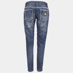 Pre Owned Dolce & Gabbana Blue Faded Denim Embellished Distressed Jeans M Waist 32"