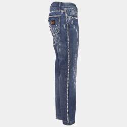 Pre Owned Dolce & Gabbana Blue Faded Denim Embellished Distressed Jeans M Waist 32"