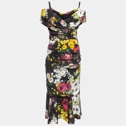 Dolce & Gabbana Black Floral Print Silk Cold Shoulder Ruched Midi Dress M