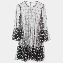 Pre Owned Dolce & Gabbana Black Polka Dot Embroidered Tulle Ruffled Dress S 