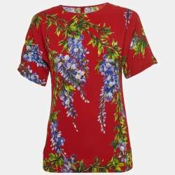 Pre Owned Dolce & Gabbana Red Floral Print Crepe Short Sleeve Blouse S