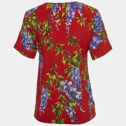 Pre Owned Dolce & Gabbana Red Floral Print Crepe Short Sleeve Blouse S