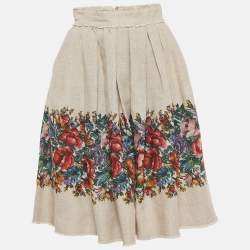 Pre Owned Dolce & Gabbana Brown Floral Print Linen Gathered Midi Skirt S