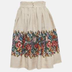 Pre Owned Dolce & Gabbana Brown Floral Print Linen Gathered Midi Skirt S