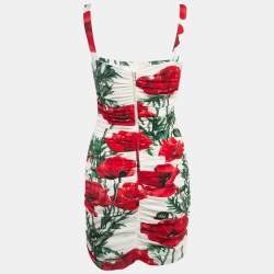 Pre Owned Dolce & Gabbana White/Red Floral Print Silk Ruched Mini Dress M   
