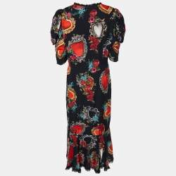 Pre Owned Dolce & Gabbana Black Scared Heart Print Silk Lace Trim Midi Dress XL