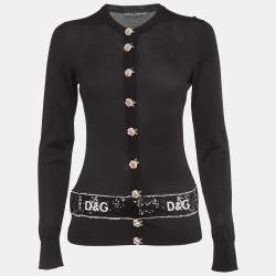 Pre Owned Dolce & Gabbana Black Logo Sequin Knit Rose Metal Buttoned Cardigan S