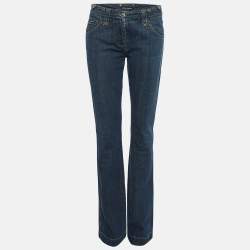 Pre Owned Dolce & Gabbana Blue Logo Leather Trim Denim Straight Leg Jeans M Waist 30''