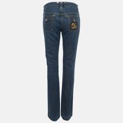 Pre Owned Dolce & Gabbana Blue Logo Leather Trim Denim Straight Leg Jeans M Waist 30''