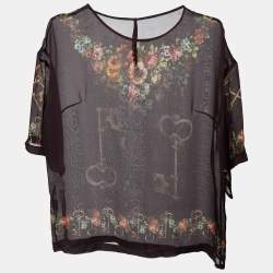 Pre Owned Dolce & Gabbana Deep Maroon Floral Key Print Silk Sheer Blouse S