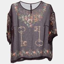 Pre Owned Dolce & Gabbana Deep Maroon Floral Key Print Silk Sheer Blouse S