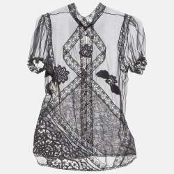 Pre Owned Dolce & Gabbana Black Lace Trim Silk Applique Detail Sheer Top M