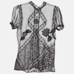 Pre Owned Dolce & Gabbana Black Lace Trim Silk Applique Detail Sheer Top M