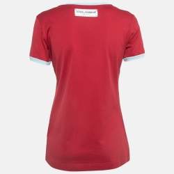 Pre Owned Dolce & Gabbana Red Logo Printed Cotton Contrast Detail T-Shirt S