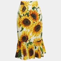 Pre Owned Dolce & Gabbana Yellow Sunflower Print Silk High Rise Midi Skirt S