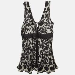 Pre Owned Dolce & Gabbana Monochrome Leaf Print Silk Ruffled Top M