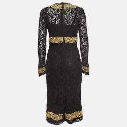 Pre Owned Dolce & Gabbana Black Baroque Goldwork Lace Long Sleeve Midi Dress M