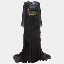 Pre Owned Dolce & Gabbana Black Sequin Embellished Lace Trim Silk Flared Sleeve Gown S