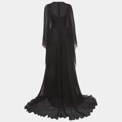 Pre Owned Dolce & Gabbana Black Sequin Embellished Lace Trim Silk Flared Sleeve Gown S
